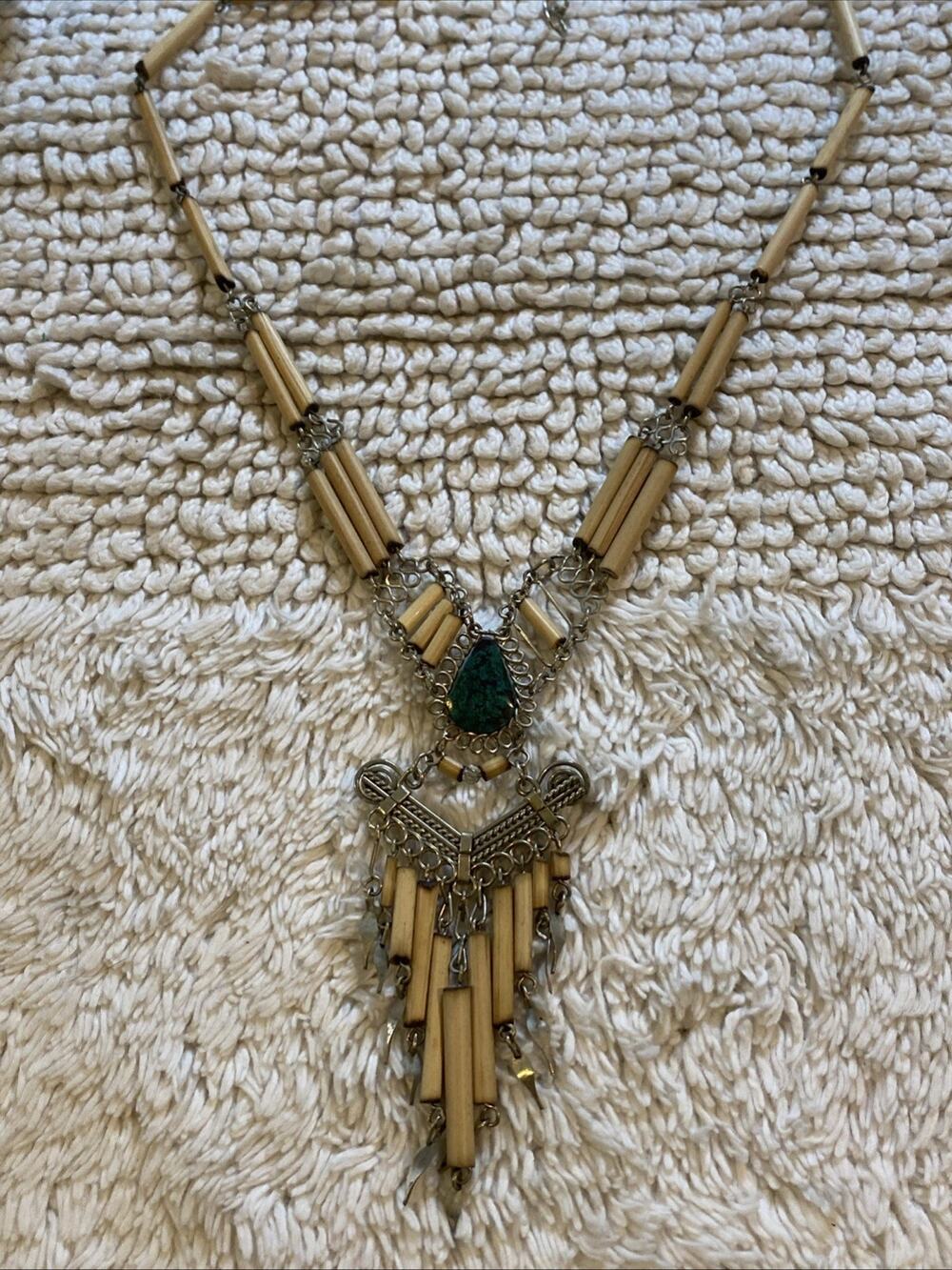Vintage Wooden Turquoise Malachite Hand Wired Tassel Drop Dangle Necklace